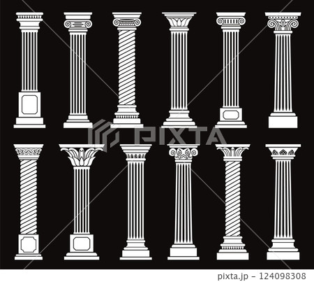 Antique columns silhouettes. Ancient flat pillars, black and white colors icons, greek classic architecture elements, minimalistic isolated decorative elements for buildings nowaday vector set 124098308