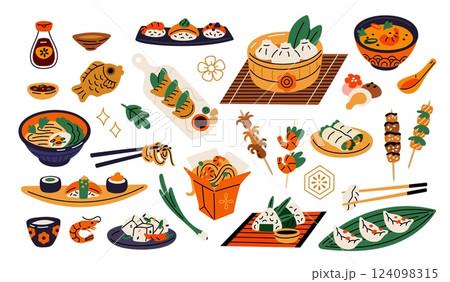 Cartoon asian food. Traditional japanese, chinese and korean cuisine dishes, cutlery, seasonings, sauces, exotic taste, soup and onigiri, noodles with seafood, garish vector isolated menu set 124098315