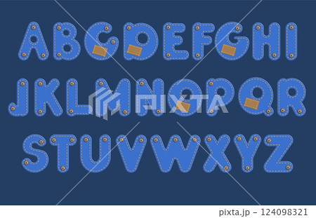 Decorative denim kids font. Blue textile capital letters, orange stitching, indigo jeans alphabet, textured abc design. Fabric patches, english alphabet, casual lettering splendid vector set 124098321