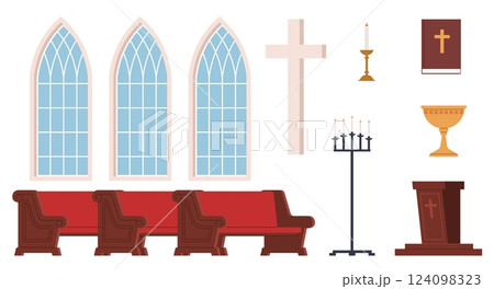 Furniture and religious accessories of Catholic Church. Glass windows, candles and holy book. Cross, golden cup, wooden bench. Traditional interior cartoon flat style isolated vector set Furniture and religious accessories of Catholic Church. Glass windows, candles and holy book. Cross, golden cup, wooden bench. Traditional interior cartoon flat style isolated vector set 124098323