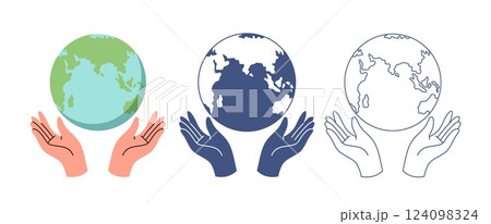 Hand and Planet Earth. Cartoon flat illustration. Line and black silhouette. Ecological help, protecting world, nature conservation. Emblem or logotype design. Vector environment care concept Hand and Planet Earth. Cartoon flat illustration. Line and black silhouette. Ecological help, protecting world, nature conservation. Emblem or logotype design. Vector environment care concept 124098324