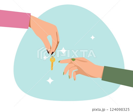 Hand holds out key. Buying house or automobile. Real estate agent and customer. Apartment sale deal. Giving latchkey to new owner. Seller cartoon flat style isolated vector concept Hand holds out key. Buying house or automobile. Real estate agent and customer. Apartment sale deal. Giving latchkey to new owner. Seller cartoon flat style isolated vector concept 124098325