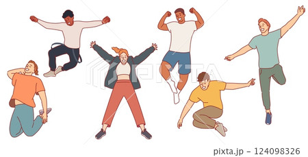 Happy jumping people. Men and women in various poses, smiling friends group, positive emotions, laughing persones in motion. Active characters cartoon flat isolated decent vector set 124098326