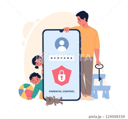 Parental control app. Dad set password for adult application, family with large smartphone, censorship and protection. Application on screen. Cartoon flat isolated vector classy concept 124098339