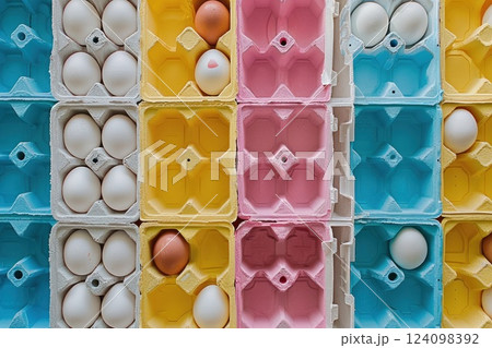 A colorful grid of egg cartons with white, brown, and speckled eggs. A colorful grid of egg cartons with white, brown, and speckled eggs. 124098392
