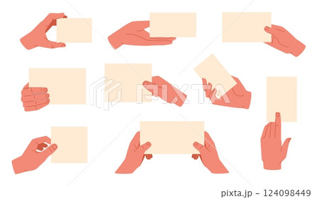 Set hands holding white cards. Empty banners, holding horizontal placard, copy space for text. Blank business or credit card. Presentation board. Vector cartoon flat isolated illustration 124098449