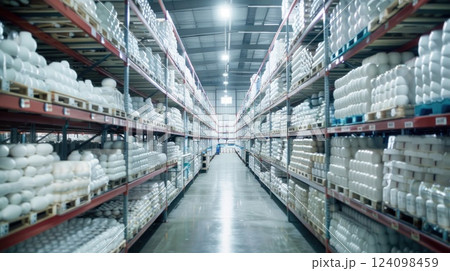 A large warehouse aisle with shelves stacked with white plastic goods. 124098459