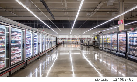 An empty aisle in a supermarket with rows of refrigerators. 124098460
