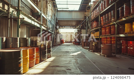 A long aisle in a factory warehouse with rows of stacked barrels. 124098475