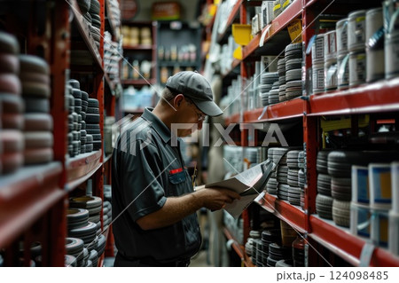 A man in a grey uniform looks at a sheet of paper in a warehouse full of supplies. A man in a grey uniform looks at a sheet of paper in a warehouse full of supplies. 124098485