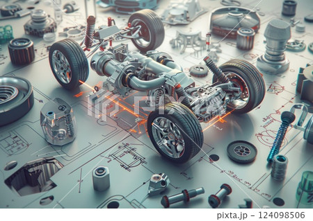 A 3D rendering of a car chassis surrounded by various car parts on a technical blueprint. A 3D rendering of a car chassis surrounded by various car parts on a technical blueprint. 124098506