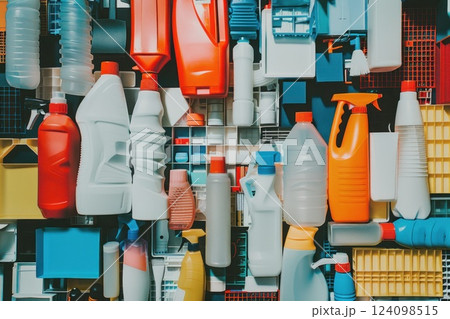 A colorful collection of various plastic bottles and containers. 124098515
