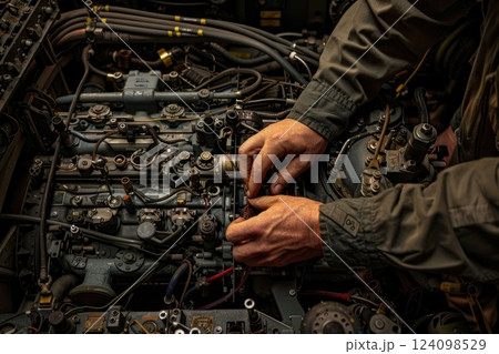 A mechanic's hands work on the engine of a large aircraft. 124098529