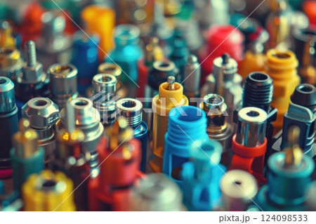 A close-up shot of colorful electrical connectors. A close-up shot of colorful electrical connectors. 124098533