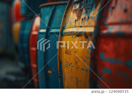 Close-up of weathered, colorful barrels with chipped paint. 124098535