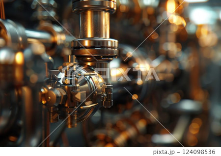 Close-up of shiny metal pipes and valves of an industrial machine. Close-up of shiny metal pipes and valves of an industrial machine. 124098536