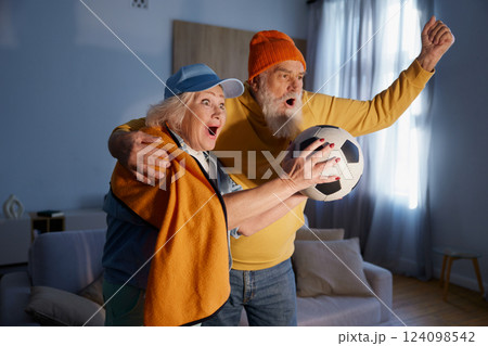 Overjoyed elderly couple watching football match on tv Overjoyed elderly couple watching football match on tv 124098542