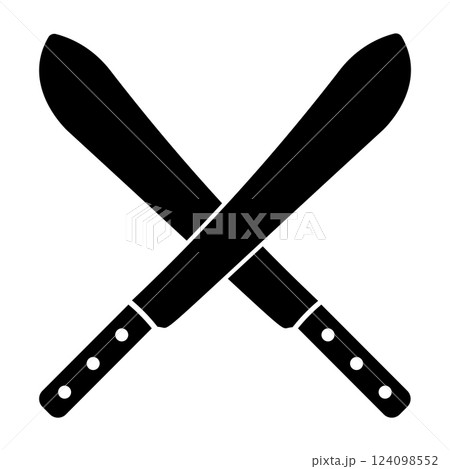Crossed Machetes Silhouette Vector Icon. A black and white vector illustration featuring two crossed machetes in a bold silhouette style. Crossed Machetes Silhouette Vector Icon. A black and white vector illustration featuring two crossed machetes in a bold silhouette style. 124098552
