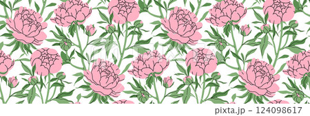 Beautiful flowers seamless pattern. Delicate pink rose with stem and leaves, small bud. Botanical spring pattern. For wallpaper, textiles. Coquette Aesthetic style. Elegant vintage Vector illustration Beautiful flowers seamless pattern. Delicate pink rose with stem and leaves, small bud. Botanical spring pattern. For wallpaper, textiles. Coquette Aesthetic style. Elegant vintage Vector illustration 124098617