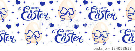 Easter seamless pattern with egg and blue ribbon bow. Coquette Aesthetic style. Elegant vector illustration. Easter seamless pattern with egg and blue ribbon bow. Coquette Aesthetic style. Elegant vector illustration. 124098618