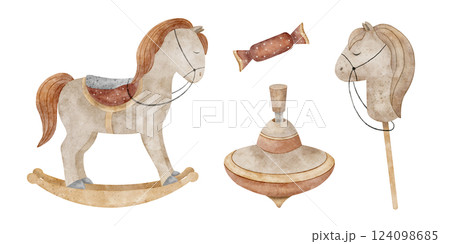 Set of children's toys horse swing, on a stick, candy, top, whirligig. Watercolor illustration in retro style on isolated background. Elements for design Christmas cards, New Year invitations, vintage 124098685