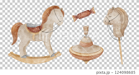 Set of children's toys horse swing, on a stick, candy, top, whirligig. Watercolor illustration in retro style on isolated background. Elements for design Christmas cards, New Year invitations, vintage 124098685