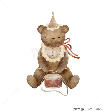 Cute watercolor teddy bear playing drums in a festive vintage cap. Hand drawn children's illustration retro style on isolated background for design greeting cards, invitations posters, clothes, labels Cute watercolor teddy bear playing drums in a festive vintage cap. Hand drawn children's illustration retro style on isolated background for design greeting cards, invitations posters, clothes, labels 124098686