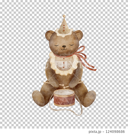 Cute watercolor teddy bear playing drums in a festive vintage cap. Hand drawn children's illustration retro style on isolated background for design greeting cards, invitations posters, clothes, labels Cute watercolor teddy bear playing drums in a festive vintage cap. Hand drawn children's illustration retro style on isolated background for design greeting cards, invitations posters, clothes, labels 124098686