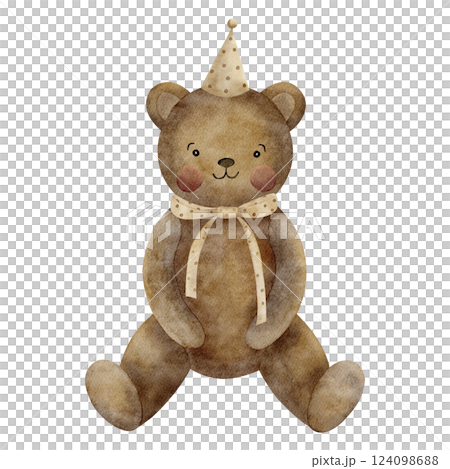 Cute teddy bear sitting, smiling in a party hat bow. Watercolor illustration kid's toy in retro style on isolated background for handmade greeting cards, Christmas vintage invitations, posters clothes Cute teddy bear sitting, smiling in a party hat bow. Watercolor illustration kid's toy in retro style on isolated background for handmade greeting cards, Christmas vintage invitations, posters clothes 124098688