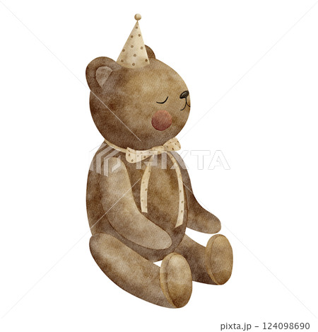Watercolor illustration retro teddy bear sitting in party hat bow. Cartoon style drawing of kid's toy on isolated background for handmade greeting cards, Christmas vintage invitations, posters clothes 124098690