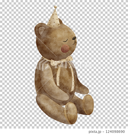 Watercolor illustration retro teddy bear sitting in party hat bow. Cartoon style drawing of kid's toy on isolated background for handmade greeting cards, Christmas vintage invitations, posters clothes Watercolor illustration retro teddy bear sitting in party hat bow. Cartoon style drawing of kid's toy on isolated background for handmade greeting cards, Christmas vintage invitations, posters clothes 124098690