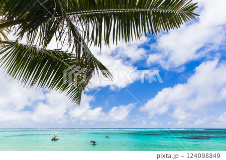 Palm tree leaves framing a serene turquoise sea with boats Palm tree leaves framing a serene turquoise sea with boats 124098849