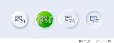Photo camera line icon. Neumorphic, Green gradient, 3d pin buttons. Image photography sign. Picture placeholder symbol. Line icons. Neumorphic buttons with outline signs. Vector 124099246