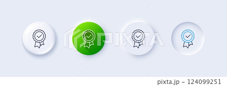 Tested stamp line icon. Neumorphic, Green gradient, 3d pin buttons. Approved medal sign. Certificate award symbol. Line icons. Neumorphic buttons with outline signs. Vector 124099251