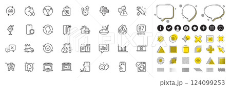Set of Diesel, Smile and Head line icons for web app. Design elements, Social media icons. Remove purchase, Reject, Online market icons. Face id, Medical syringe, Voicemail signs. Vector 124099253
