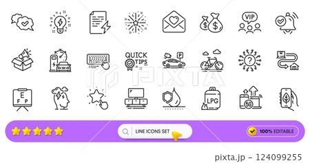 Ranking star, Stress and Waterproof line icons for web app. Pack of Approved, Love letter, Gas cylinder pictogram icons. Vision board, Computer keyboard, Inspiration signs. 5g internet. Vector 124099255