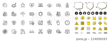 Set of Scissors, Video conference and Cable section line icons for web app. Design elements, Social media icons. Discount coupon, Meditation eye, Tap water icons. Vector 124099265