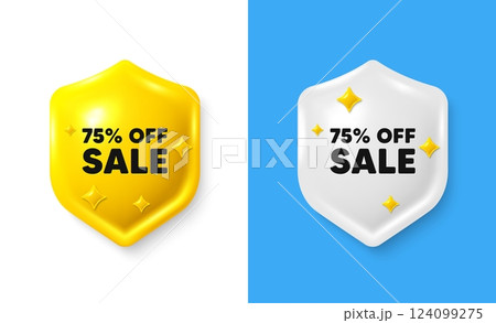 Sale 75 percent off discount. Shield 3d icon banner with text box. Promotion price offer sign. Retail badge symbol. Sale chat protect message. Shield speech bubble banner. Vector Sale 75 percent off discount. Shield 3d icon banner with text box. Promotion price offer sign. Retail badge symbol. Sale chat protect message. Shield speech bubble banner. Vector 124099275