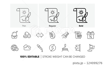 Dollar exchange, Creative painting and Ice cream line icons. Pack of Payment card, Medical drugs, Organic product icon. Cloudy weather, Discount offer, Sign out pictogram. Line icons. Vector 124099276