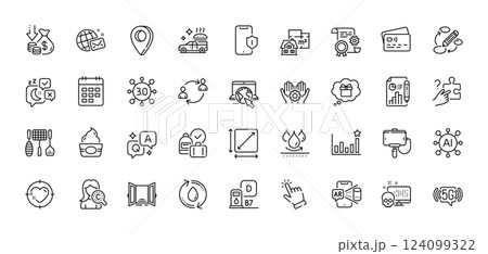 Waterproof, Web3 and Diesel station line icons pack. AI, Question and Answer, Map pin icons. Cursor, User communication, Grill tools web icon. Heart target, Card, Search puzzle pictogram. Vector 124099322