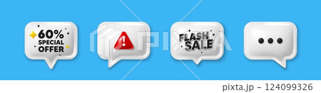 Offer speech bubble 3d icons. 60 percent discount offer tag. Sale price promo sign. Special offer symbol. Discount chat offer. Flash sale, danger alert. Text box balloon. Vector 124099326