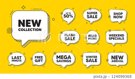 Offer speech bubble icons. New collection tag. New fashion arrival sign. Advertising offer symbol. New collection chat offer. Speech bubble discount banner. Text box balloon. Vector 124099368