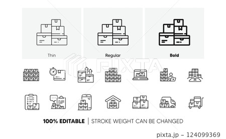 Warehouse manager, Wholesale stock, Goods checklist. Inventory line icons. Delivery logistic, Box shelf, Warehouse distribution outline icons. Wholesale freight, Storage and Inventory operator. Vector 124099369