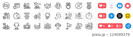 Dumbbell, Award cup and Timer line icons pack. Social media icons. Quiz, Winner ribbon, Fitness calendar web icon. Success, Bicycle lockers, Boat pictogram. Fitness, Arena, Fishing. Vector Dumbbell, Award cup and Timer line icons pack. Social media icons. Quiz, Winner ribbon, Fitness calendar web icon. Success, Bicycle lockers, Boat pictogram. Fitness, Arena, Fishing. Vector 124099379
