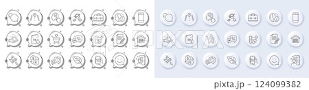 Chemistry lab, Leaf and Like line icons. White pin 3d buttons, chat bubbles icons. Pack of Currency exchange, Messenger, Coffee beans icon. Portfolio, Smartphone, 5g internet pictogram. Vector 124099382