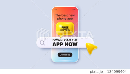 Download the app now. Phone mockup screen. Free shipping tag. Delivery included sign. Special offer symbol. Phone download app search bar. Free shipping text message. Vector 124099404