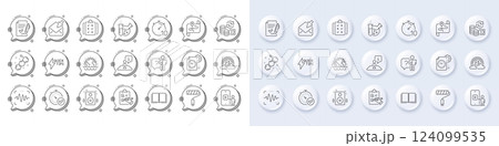 Checklist, Quickstart guide and Book line icons. White pin 3d buttons, chat bubbles icons. Pack of Paint roller, Disaster, Interview icon. Search employee, Map, Change money pictogram. Vector 124099535