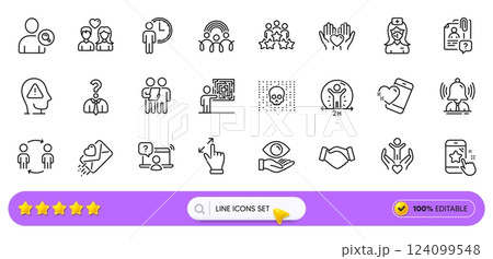 Search employee, Social distance and Business meeting line icons for web app. Pack of Star rating, Love letter, Hiring employees pictogram icons. Hold heart, Business skill, Heart signs. Vector 124099548
