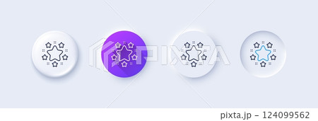 Stars line icon. Neumorphic, Purple gradient, 3d pin buttons. Best ranking sign. Firework symbol. Line icons. Neumorphic buttons with outline signs. Vector 124099562
