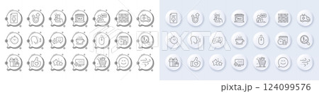 Smile chat, Online auction and Market sale line icons. White pin 3d buttons, chat bubbles icons. Pack of Seo, Coffee cup, Grocery basket icon. Happy emotion, Music phone, Binary code pictogram. Vector 124099576